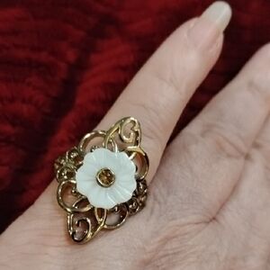 Gold and White Floral Filigree Ring